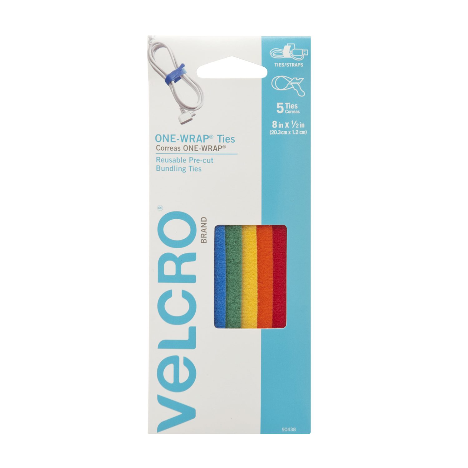 Heavy Duty VELCRO Brand Wires & Cords 60 Ct ONE-WRAP for Cables 8 x 1/2 Ties Reusable - Multi-Color