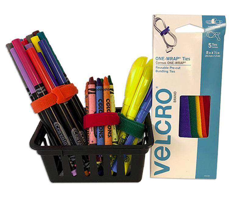 markers, crayons, highlighters organized with Velcro Brand ONE-WRAP ties