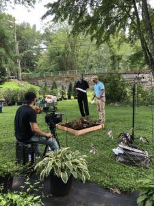 behind the scenes with Charlie Nardozzi filming gardening how-to videos; using Velcro® Brand garden products in your garden bed
