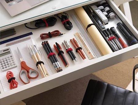 desk drawer organized with VELCRO Brand ONE Wrap ties