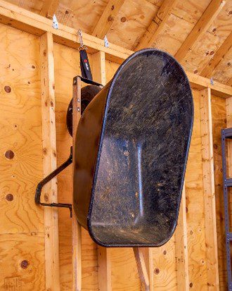 Shed Storage Ideas: Use Vertical Space to Hang Wheelbarrows 