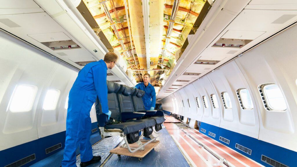 Men installing airplane seats